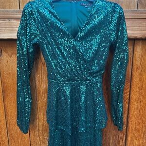 Teal Sequin Long Sleeve Dress